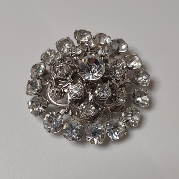 Vintage Silver Tone And Clear Rhinestone Round Brooch - Picture 1 of 15